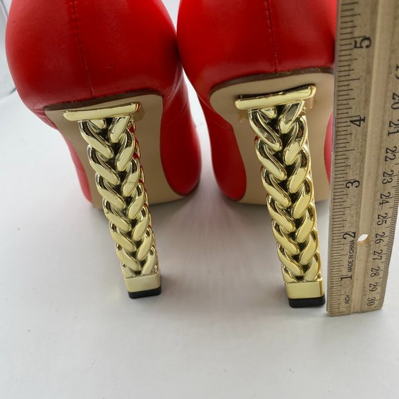 A NUYG red pointy toe gold chain chunky pumps heels shoes - Picture 6 of 10